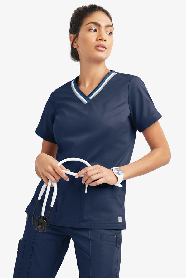 Butter-Soft STRETCH Women's 5-Pocket Short Sleeve V-Neck with Sport Trim Detail Scrub Top - Navy - 6
