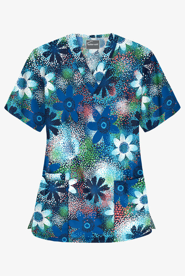 UA Butter-Soft Pop Art Floral Navy Women's 3-Pocket V-Neck Print Scrub ...