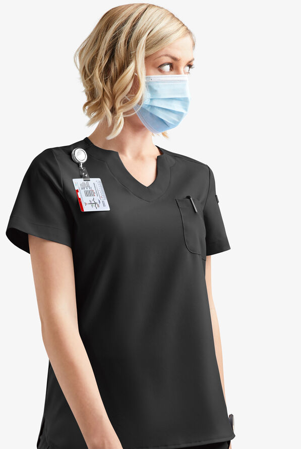 Easy STRETCH Nikki Women's 1-Pocket Scallop Neck Tuck-In Scrub Top - Onyx Black - 7
