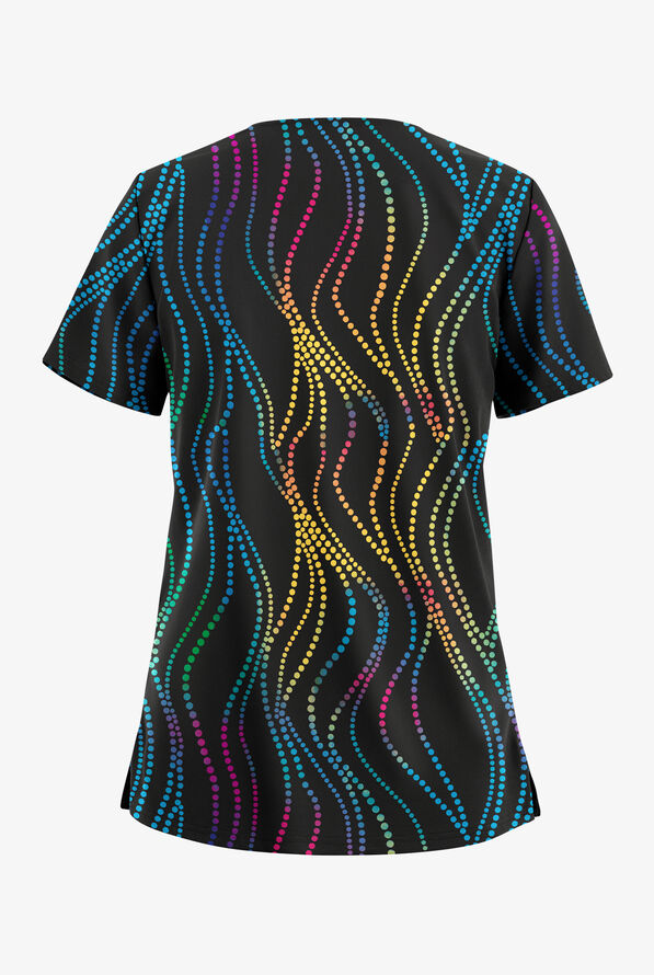 Butter-Soft STRETCH Black Rhythmic Dots Women's 2-Pocket V-Neck Print Scrub Top - null - 2