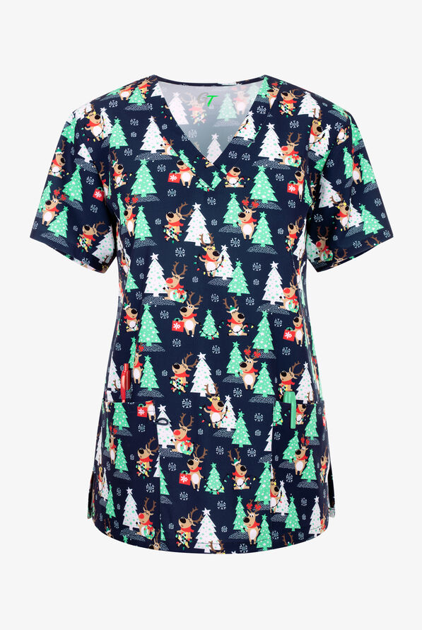 Green Town Reindeer Lights Women's 3-Pocket STRETCH V-Neck Print Scrub Top - null - 1