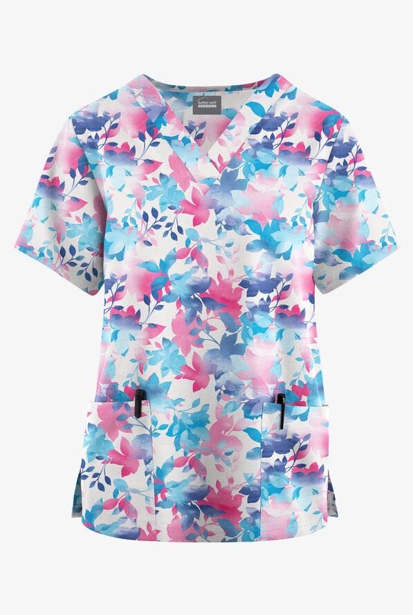 Butter-Soft Originals Dreamy Garden Women's 2-Pocket Classic Fit V-Neck Print Scrub Top - null - 1