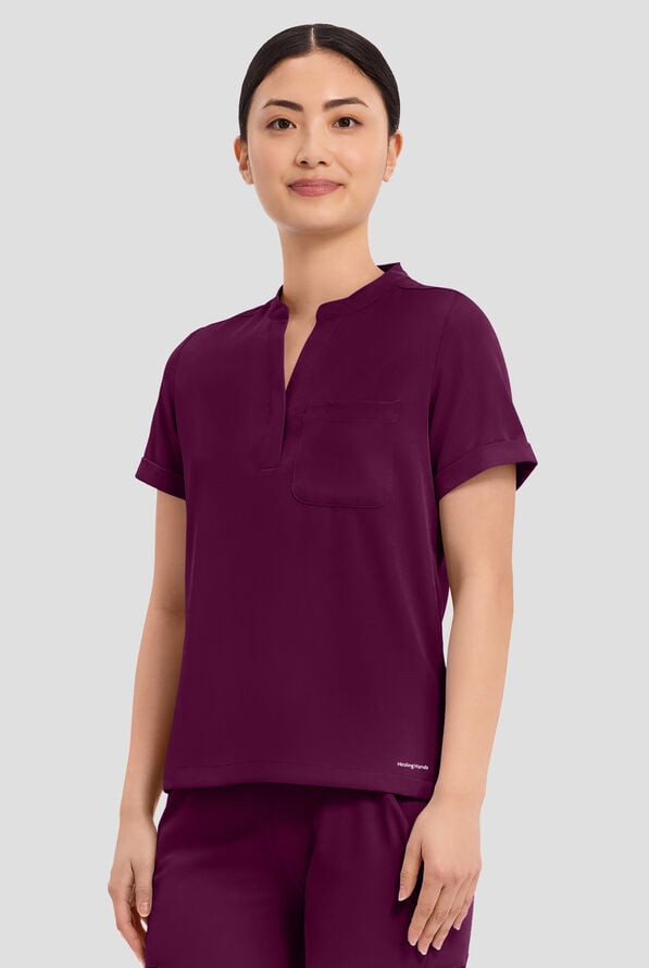 HH Works by Healing Hands Macy Women's 1-Pocket STRETCH Mandarin Collar Tuck In Scrub Top - Wine - 2
