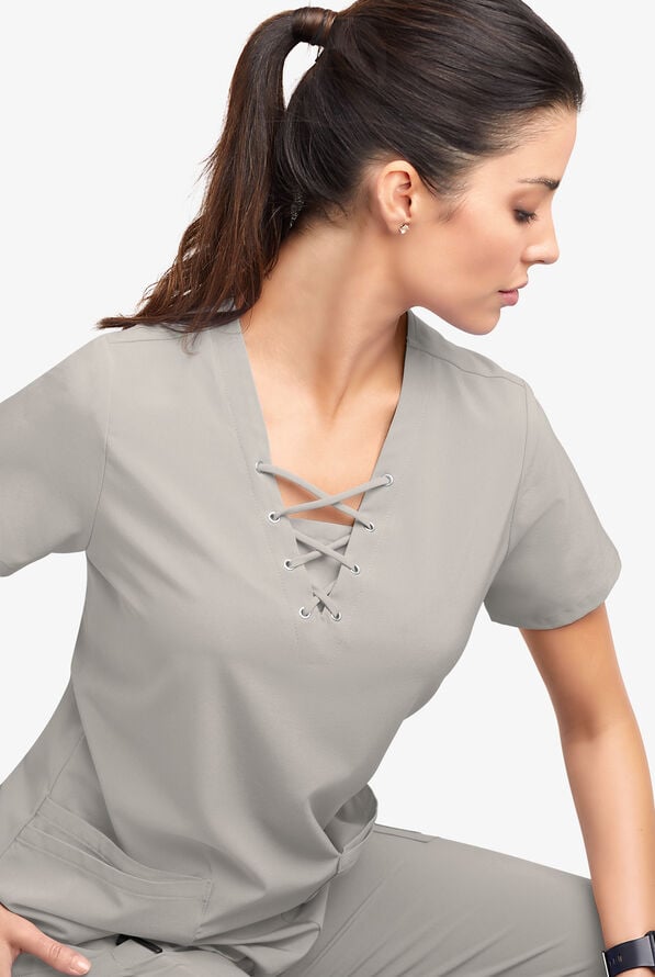 Easy STRETCH Gisele Women's 4-Pocket Lace Up V-Neck Scrub Top - Lunar Grey - 5