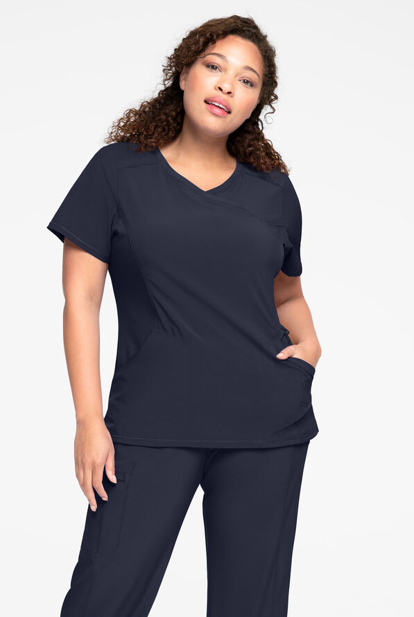 Infinity Women's 4-Pocket STRETCH Mock Wrap Scrub Top - Navy - 2