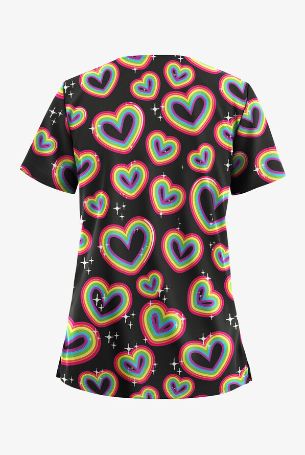 Butter-Soft STRETCH Neon Pride Black Women's 2-Pocket V-Neck Print Scrub Top - null - 2
