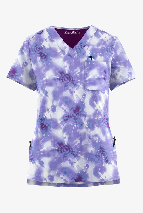 Easy STRETCH Tie-Dye Blue Crush Women's 3-Pocket High Low V-Neck Print Scrub Top - null - 1