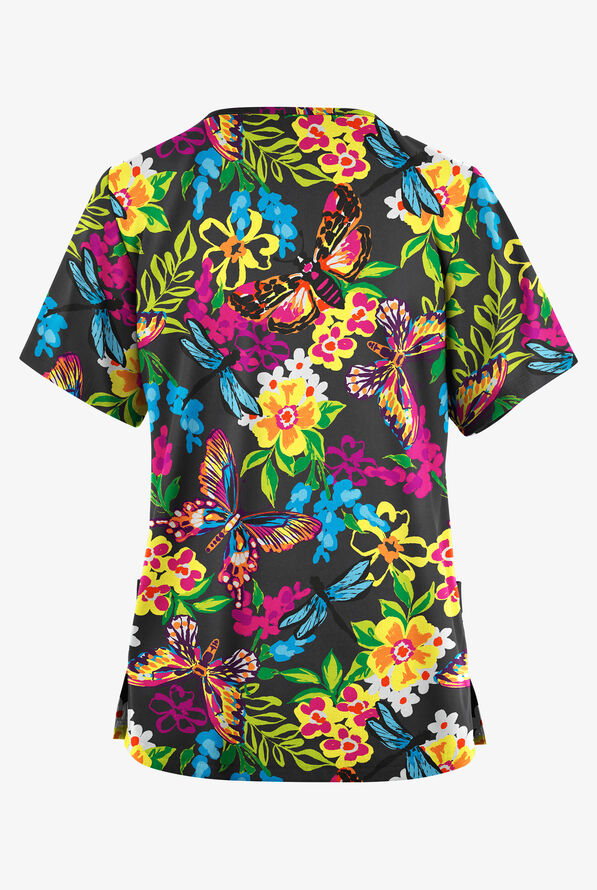 Blusa m&eacute;dica estampada Butter-Soft Originals Summer Garden Pewter con cuello en V y 2 bolsillos para mujer - null - 2