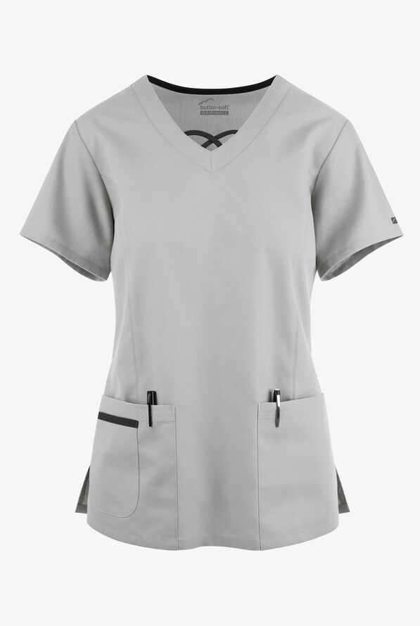 Blusa médica Butter-Soft Originals con cuello entrecruzado en contraste y 3 bolsillos para mujer - Silver/Black - 1