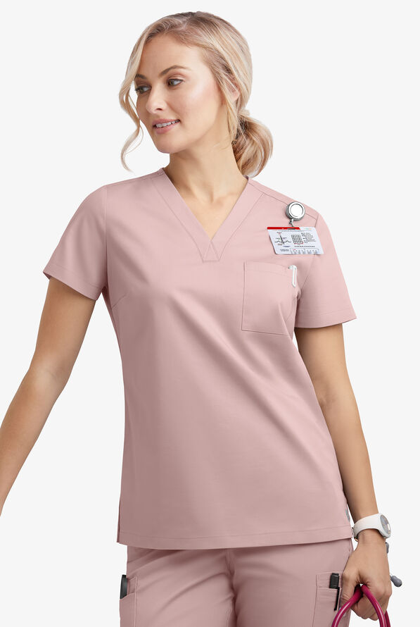 Butter-Soft STRETCH Women's 2-Pocket V-Neck Tuck-In Scrub Top - Mauve Shadow - 3