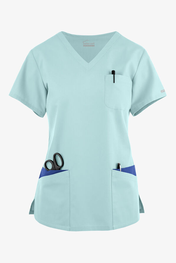 Blusa médica Butter-Soft Originals con cuello en V curvo y 7 bolsillos para mujer - Salt Blue/Galaxy - 1