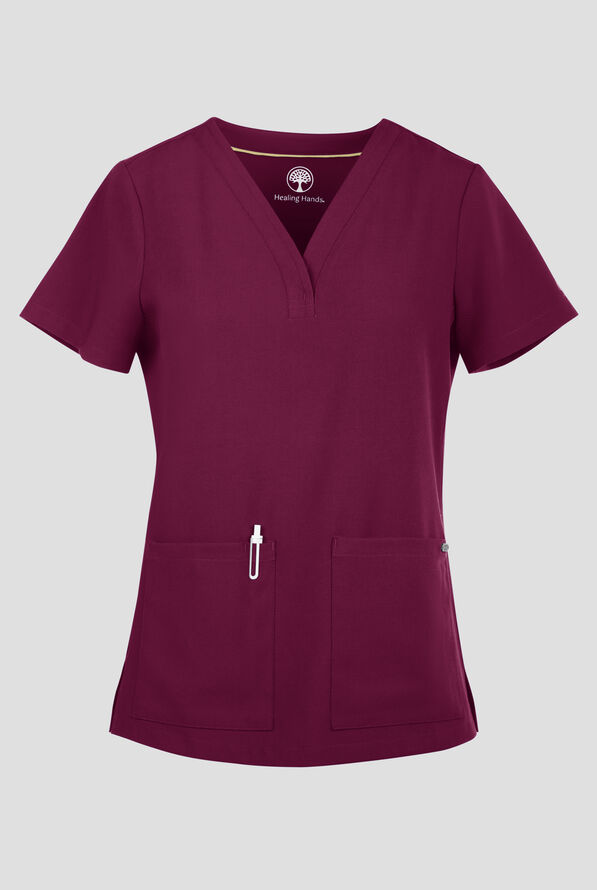 Blusa m&eacute;dica Healing Hands Quest Briana STRETCH con 3 bolsillos y cuello en Y para mujer - Wine - 1