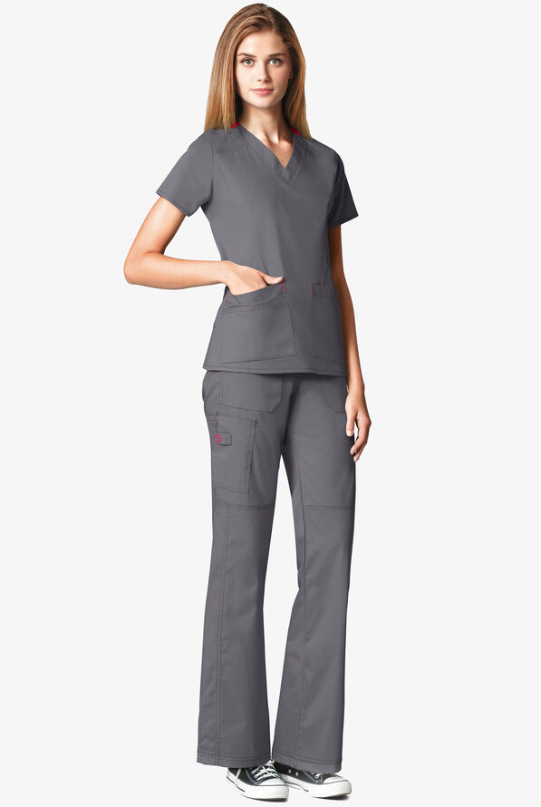 WonderWink WonderFLEX Verity Women's 4-Pocket STRETCH Cotton Rich V-Neck Scrub Top - Pewter/Papaya - 2