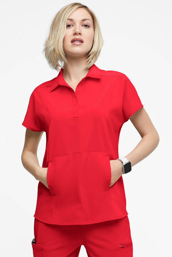 Easy STRETCH LEA Women's 3-Pocket Polo Collar Scrub Top - Atomic Red - 2