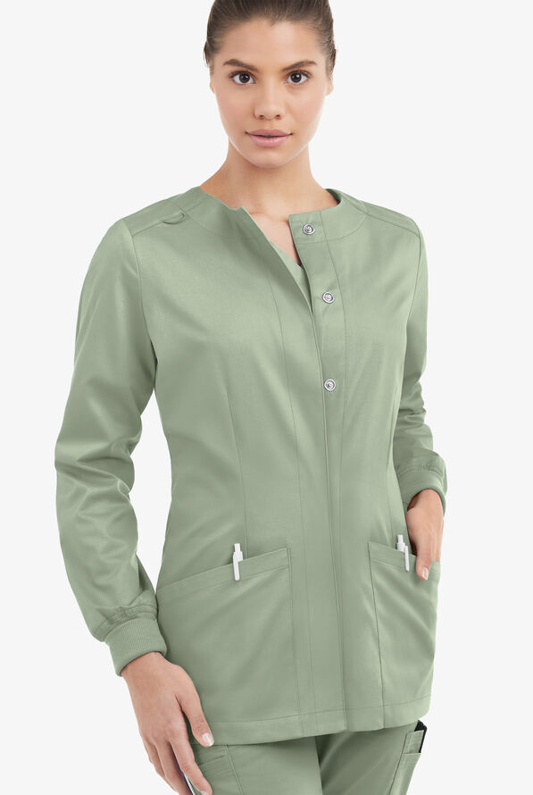 Butter-Soft STRETCH Women's 2-Pocket Long Sleeve Snap Front Scrub Jacket - Sage Green - 2