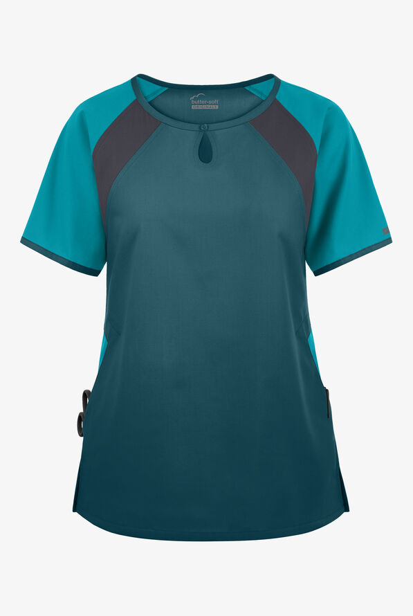 Blusa médica Butter-Soft Originals Tri-Colorblock con cuello ojo de cerradura y 3 bolsillos para mujer - Caribbean Blue/Teal/Pewter - 1