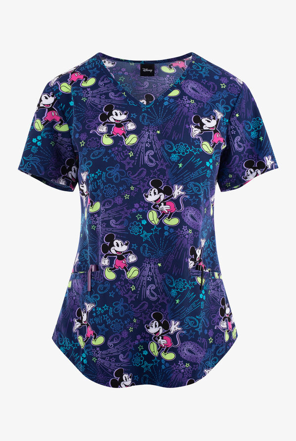 Tooniforms Bandana Land Mickey Women's 2-Pocket STRETCH V-Neck Print Scrub Top - null - 1