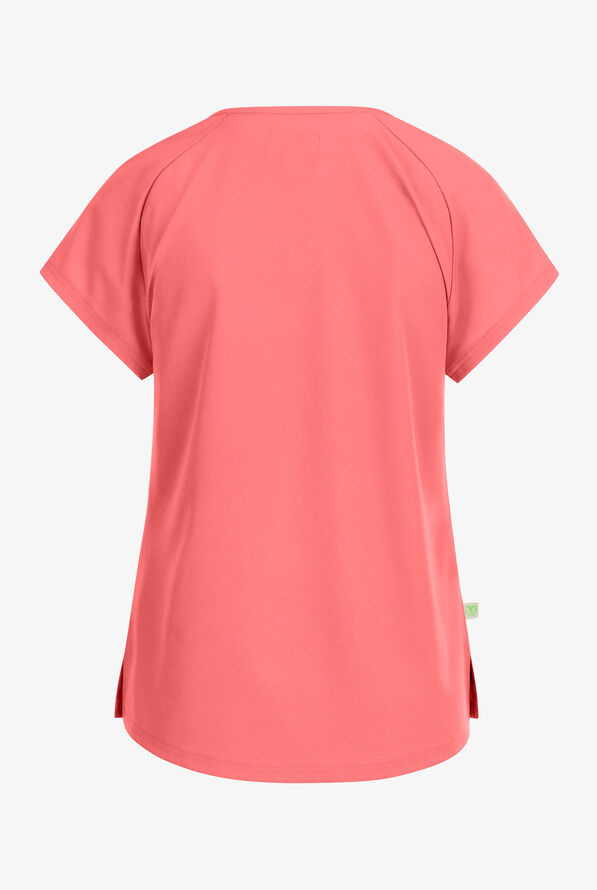 Planet koi Kallani Women's 1-Pocket STRETCH Rouched Shoulder Jewel Neck Scrub Top - Sunset Coral - 2