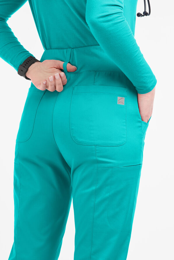 Butter-Soft STRETCH Women's 6-Pocket High Waisted Slim Leg Yoga Scrub Pants - Petite - Bright Teal - 3