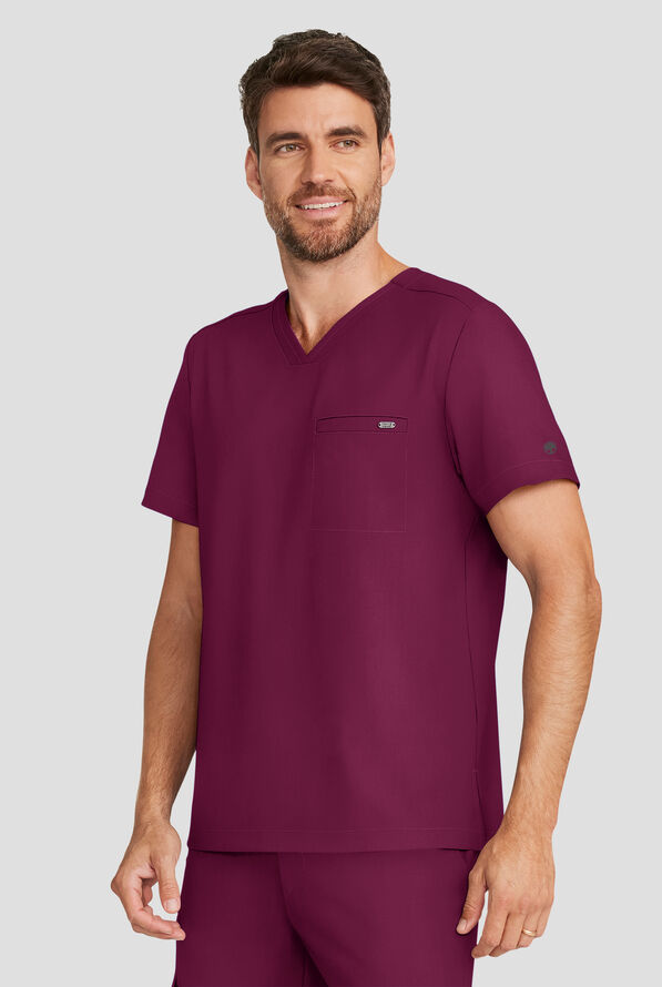 Healing Hands Quest Men's 1-Pocket STRETCH Tuck In V-Neck Scrub Top - Wine - 2