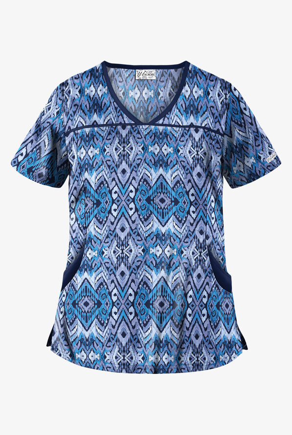 UA Best Buy Scrubs Cantik Ikat Navy Women's 4-Pocket Princess Seam Print Scrub Top - null - 1
