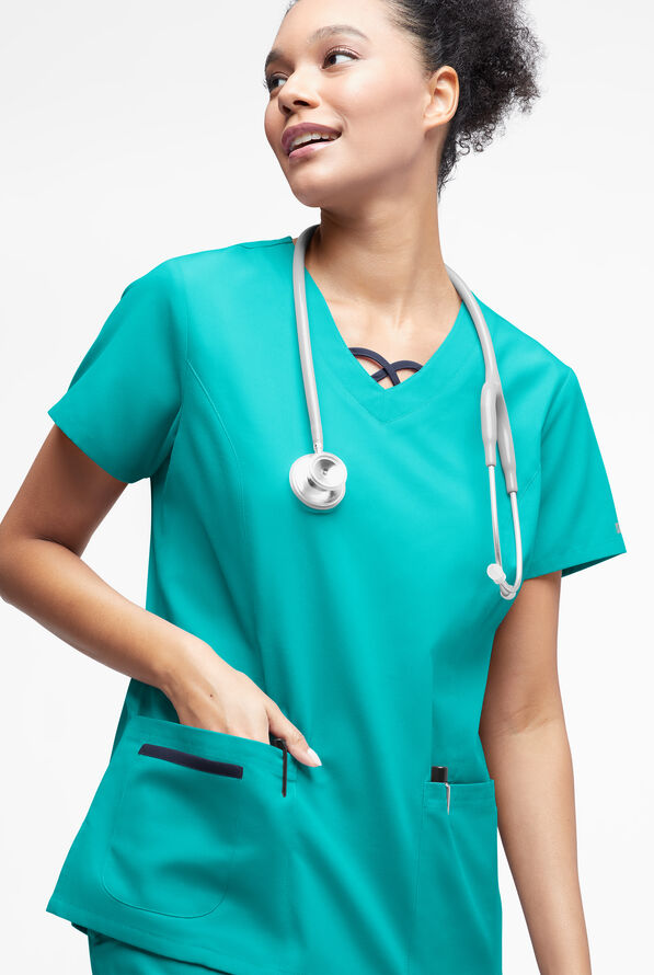 Blusa médica Butter-Soft Originals con cuello entrecruzado en contraste y 3 bolsillos para mujer - Bright Teal/NavyBright Teal/Navy - 2
