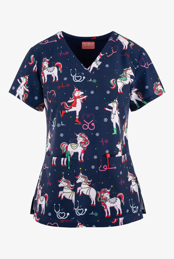 Zavate Ava Therese Jolly Nursicorn Unicorn Women's 2-Pocket STRETCH V-Neck Print Scrub Top - null - 1