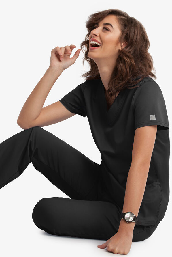 Butter-Soft STRETCH Women's 3-Pocket Contrast Scrub Top - Black - 3