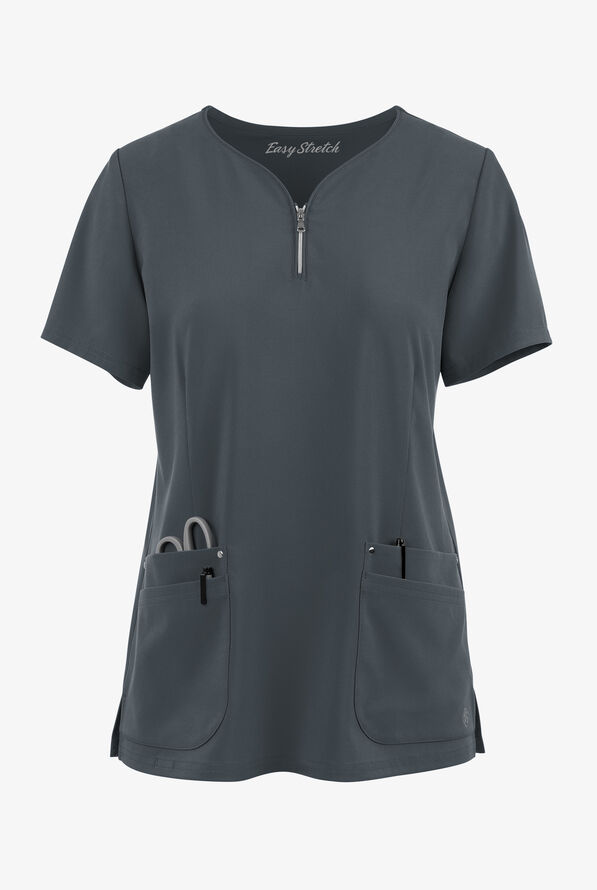 Blusa médica Easy STRETCH Arianna con cuello curvo y 4 bolsillos para mujer - Pewter - 1