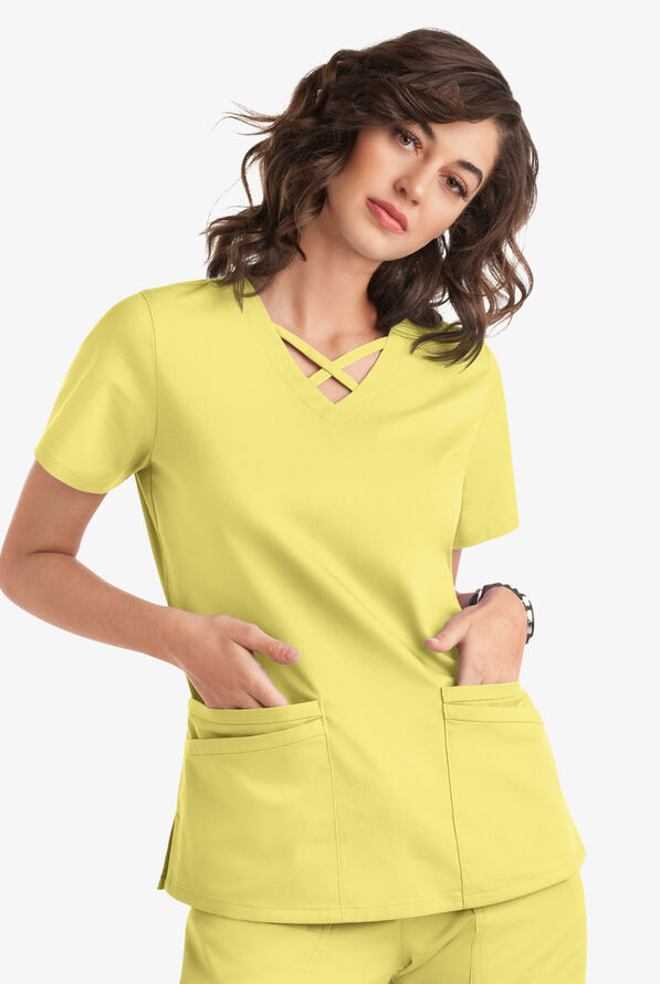Blusa m&eacute;dica UA Butter-Soft STRETCH con lazos entrecruzados y 4 bolsillos para mujer - Lemon Sherbet - 5