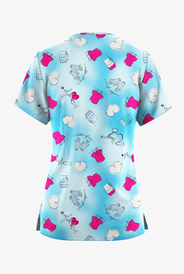 Blusa médica estampada Butter-Soft Originals Healing Hearts Morning Dew con cuello en V redondeado y 4 bolsillos para mujer - null - 2