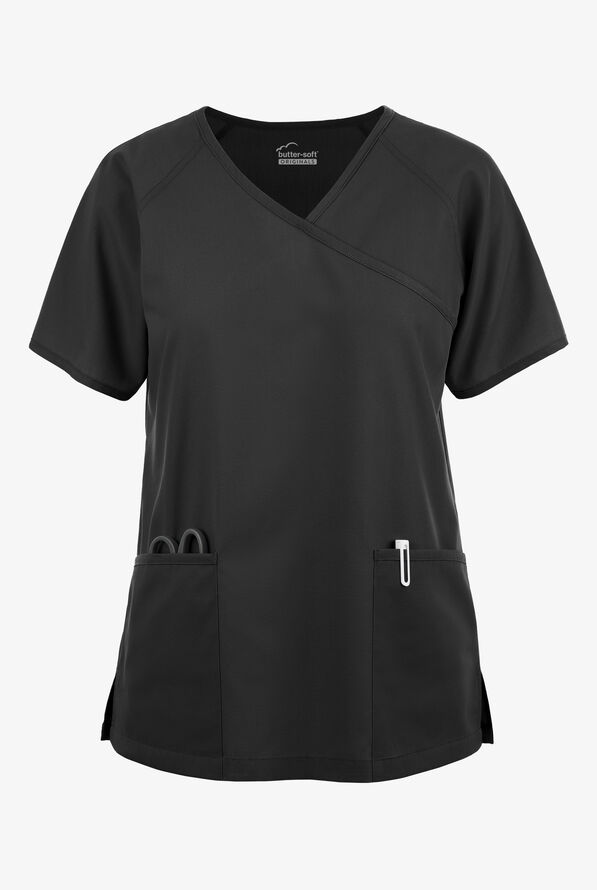 Butter-Soft Originals Women's 3-Pocket Mock Wrap Raglan Sleeve Scrub Top - Black - 1
