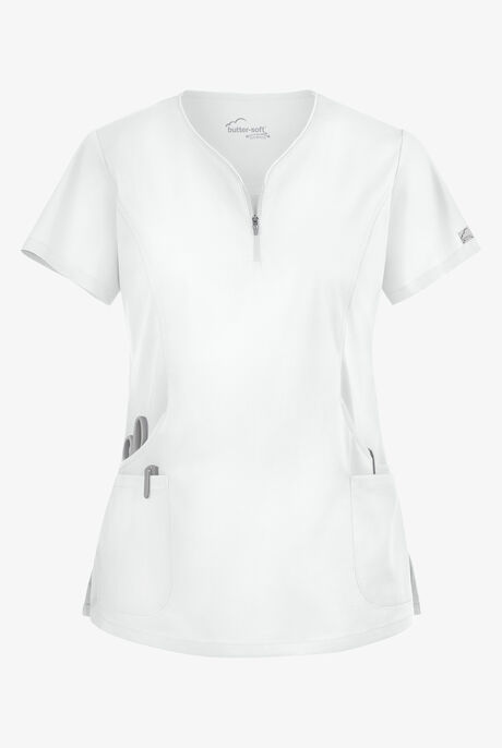Butter-Soft STRETCH Women's 4-Pocket Curved Neck Zipper Scrub Top