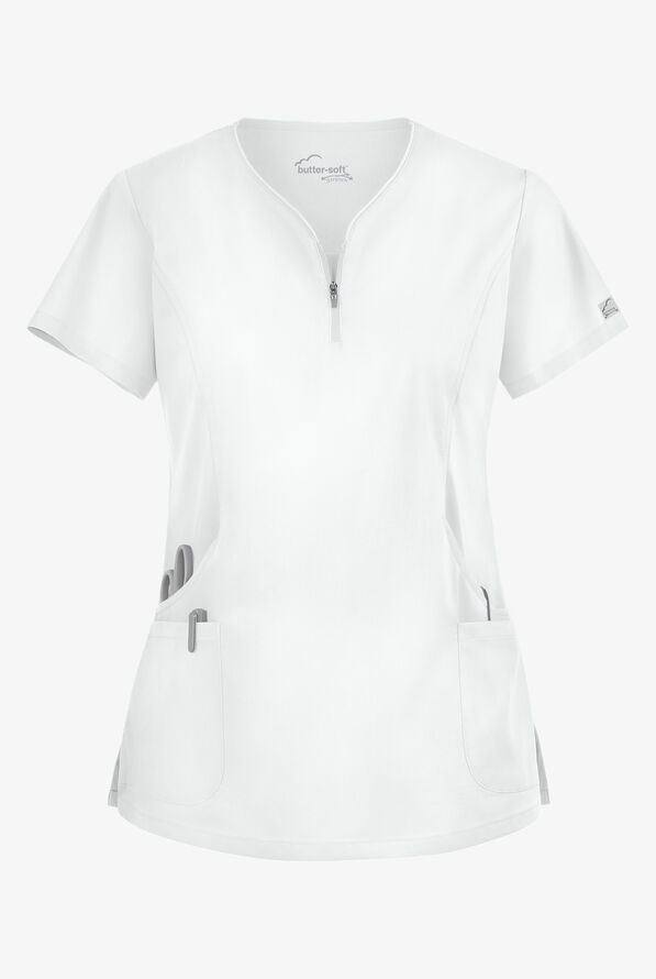 Blusa médica UA Butter-Soft STRETCH con cremallera en el cuello curvo y 4 bolsillos para mujer - White - 1