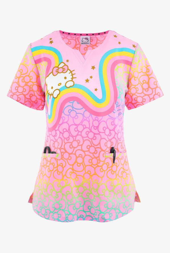 heartsoul Retro Rainbow Hello Kitty Women's 2-Pocket STRETCH V-Neck Print Scrub Top - null - 1