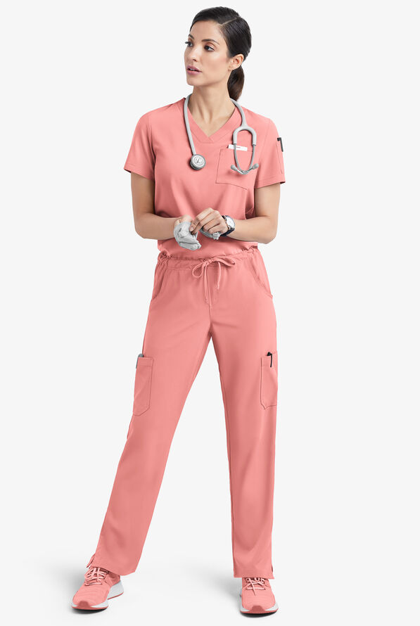 Easy STRETCH Chloe Women's 3-Pocket V-Neck Tuck-In Scrub Top - Autumn Coral - 2