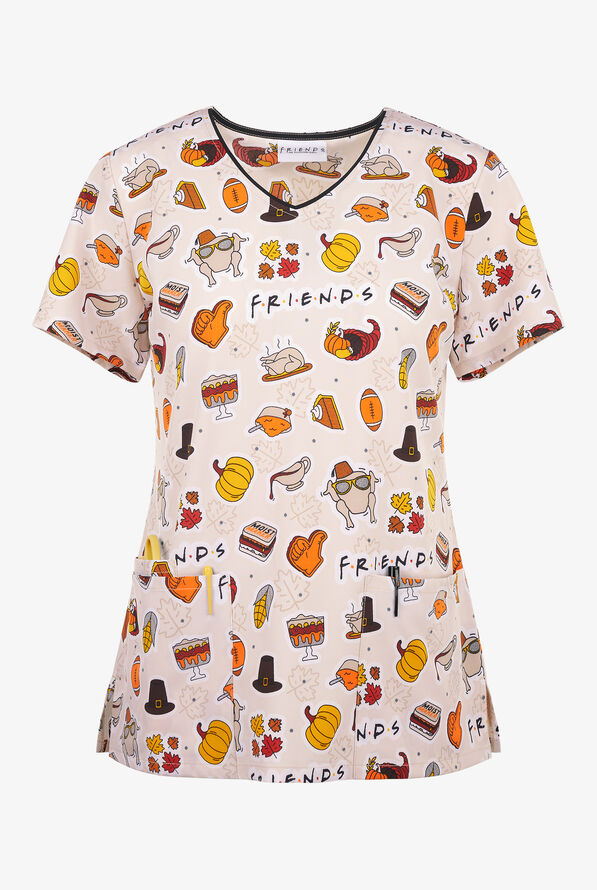 Tooniforms Friends Gathering Women's 3-Pocket STRETCH V-Neck Print Scrub Top - null - 1