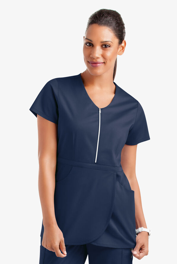 Butter-Soft STRETCH Women's 3-Pocket Zip Peplum Scrub Top - Navy - 2