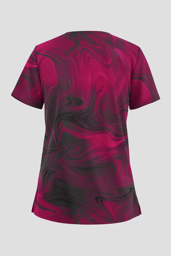 Easy STRETCH Dreamy Waves Wine Women's 2-Pocket V-Neck Print Scrub Top - null - 2