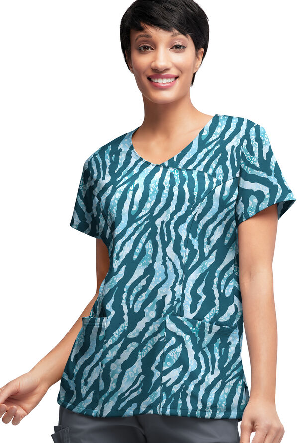 Strictly Scrubs STRETCH Tiger Fantasy Caribbean Women's 3-Pocket V-Neck Mock Wrap Print Scrub Top - null - 3