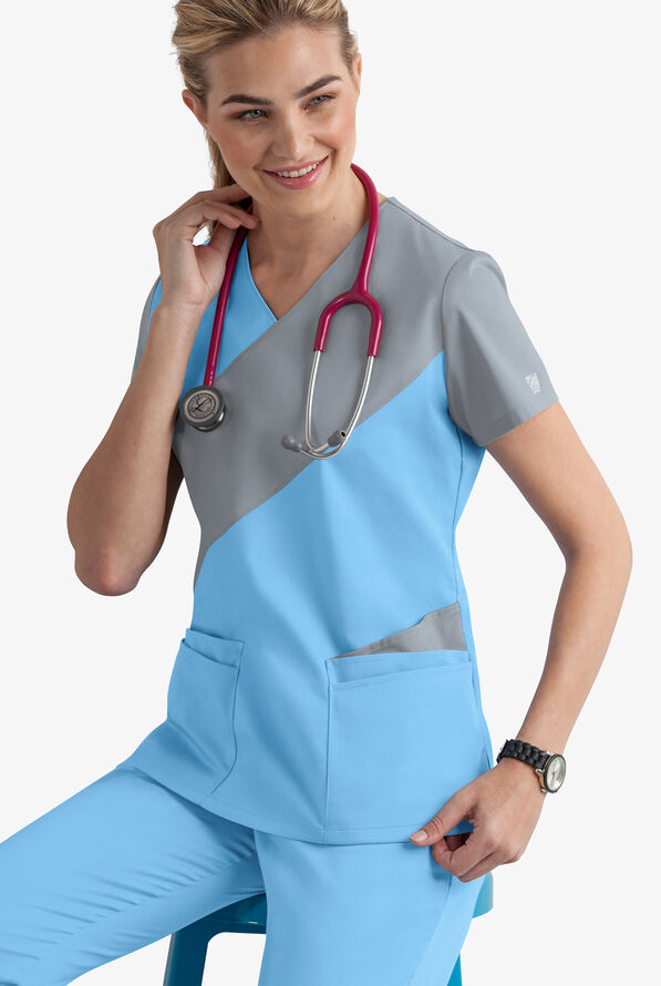 Butter-Soft STRETCH Women's 5-Pocket Asymmetric Scrub Top - Blue Oasis/Silver - 2