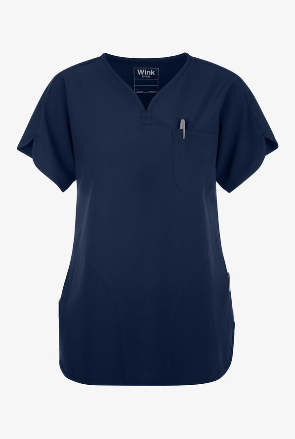 Wink Renew Women's 3-Pocket STRETCH Dolman Notch Sleeve Y-Neck Scrub Top - Navy - 1