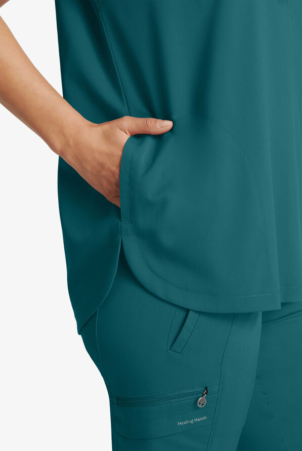 Healing Hands Purple Label Journey Women's 2-Pocket STRETCH Dolman Sleeve Mandarin Collar Scrub Top - Caribbean Blue - 4