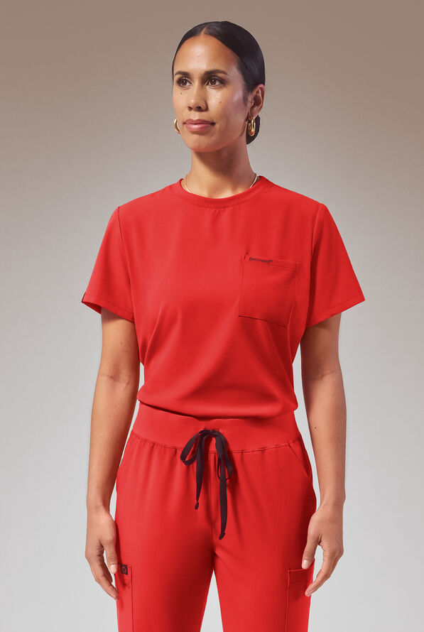 Hypothesis (RED) Base Women's 1-Pocket STRETCH Crew Neck Tuck-In Scrub Top - (Red) - 1