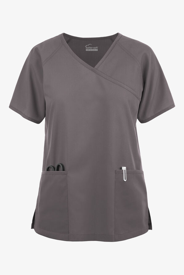 Blusa médica Butter-Soft Originals estilo cruzado con mangas raglán y 3 bolsillos para mujer - Grey Stone - 1
