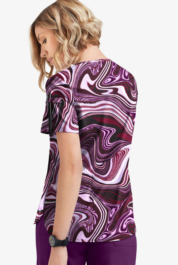 Tafford Active STRETCH Marble Art Onyx Women's 1-Pocket Tuck-In Scallop Neck Print Scrub Top - null - 2