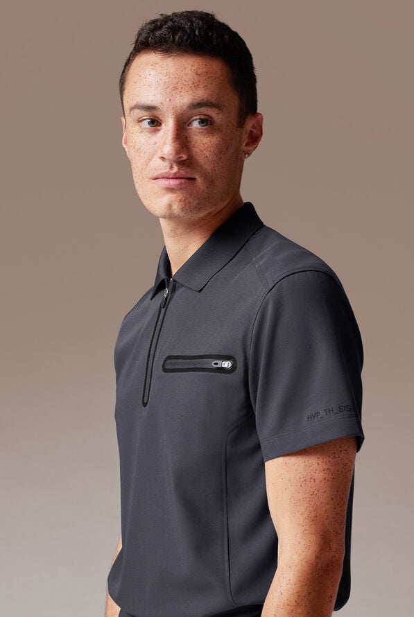 Hypothesis Alpha System Men’s 1-Pocket Zip Neck Polo With Tonal Trim Scrub Top - Pewter/Jet Black - 4