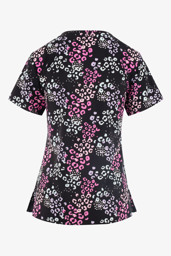White Cross Colorful Cheetah Animal Print Women's 2-Pocket STRETCH V-Neck Print Scrub Top - null - 2