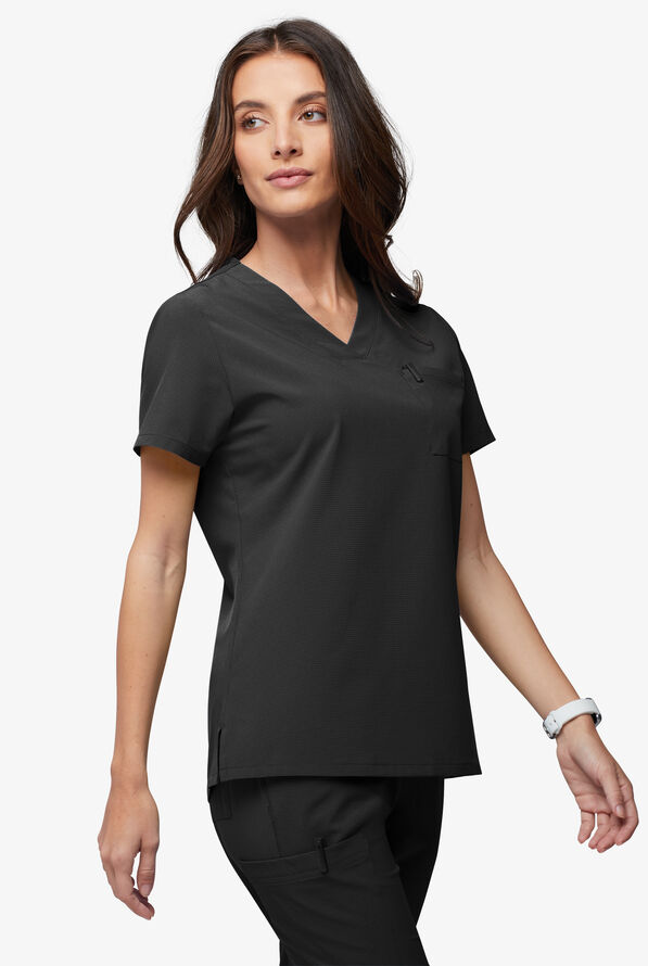 Easy Stretch EcoGrid Ariel Women's 1-Pocket Tuck In/Wear Out Scrub Top - Onyx Black - 3