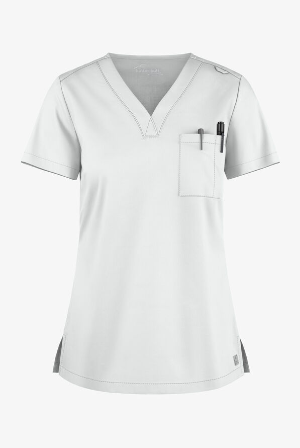 Blusa m&eacute;dica Butter-Soft STRETCH con cuello en V y 2 bolsillos para mujer - White - 1